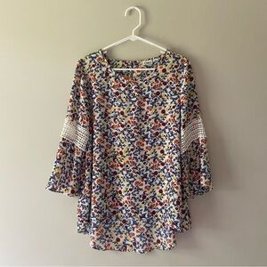 CATO Floral Women's Top with Detail Bell Sleeve High-Low Hem Primary Colors